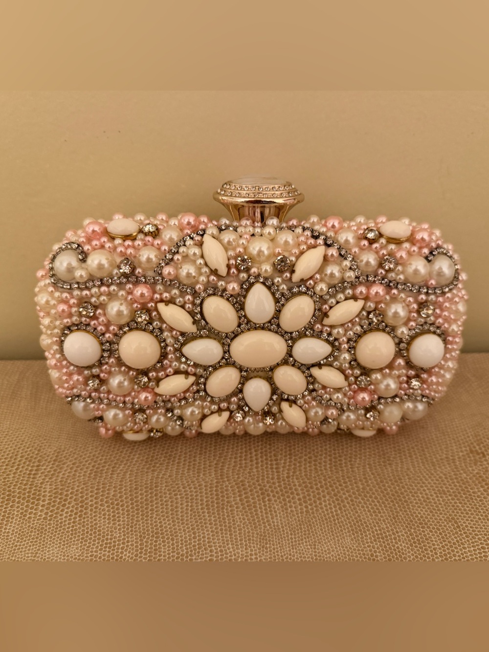 Woman’s Embellished Pearl Floral Clutch - Pink & Cream